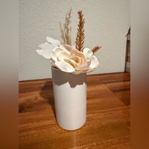 White Vase with Cream and Brown Faux Flowers
